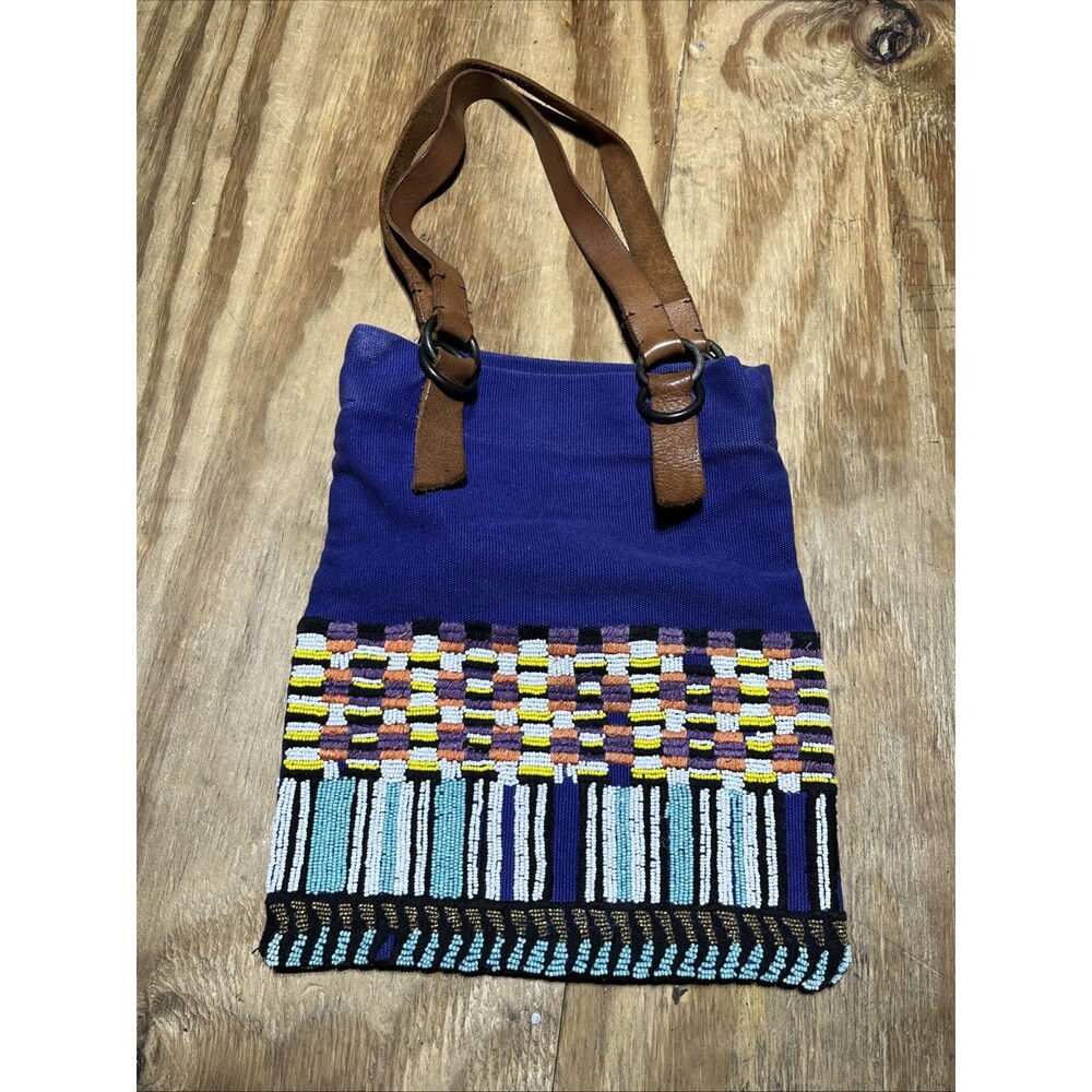 Anthropologie Jasper & Jeera Tote Blue Bag Embroidered Beaded Leather Boho @L1